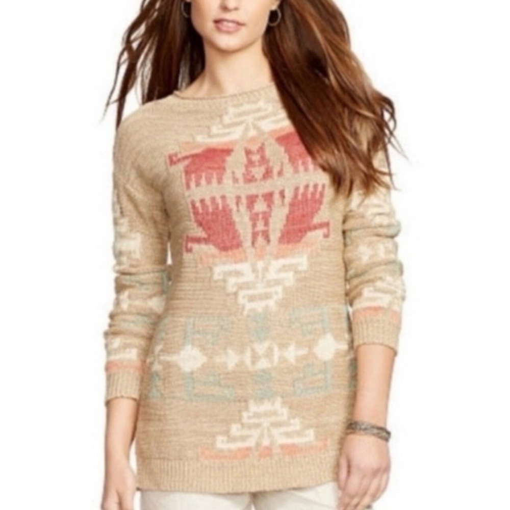 Lauren Ralph Lauren Beige Linen Blend Southwestern Knit Sweater Size S